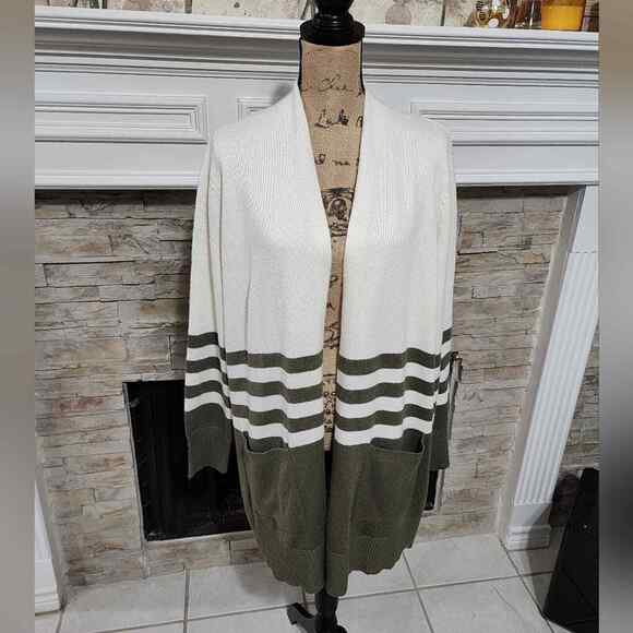 Michael Kors moss Green and White Striped Duster Length Cardigan Sweater Size XL - Picture 1 of 7